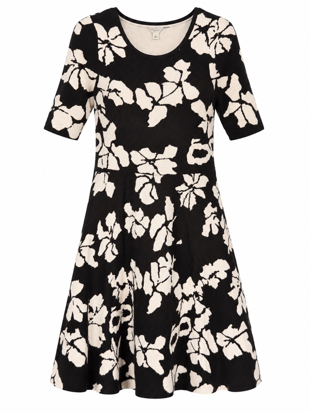 Black and Cream Floral Fit-and-Flare Dress
